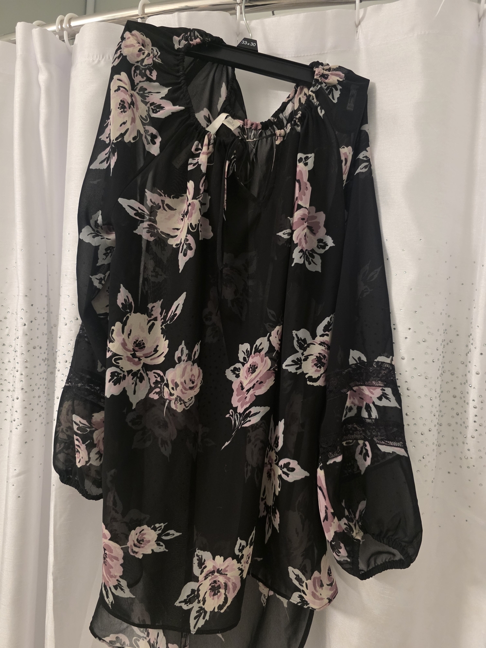 LC Lauren Covered Sheer Black Floral Peasant Blouse with Pink Roses